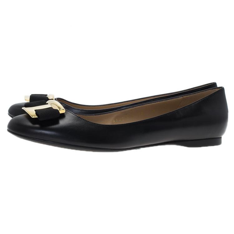 Pre Owned Salvatore Ferragamo Black Leather Ninna Kangaroo Bow Ballet Flats Size 40.5