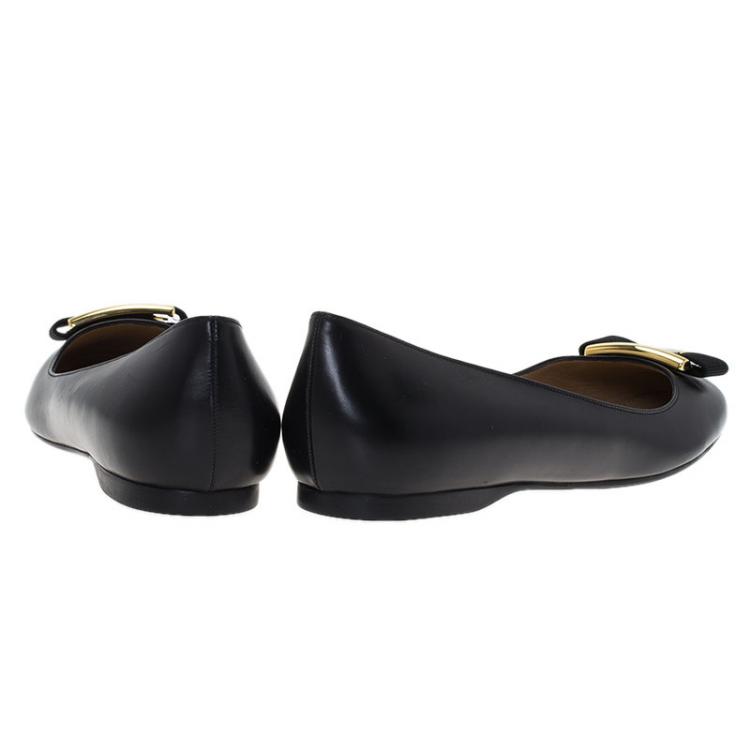 Pre Owned Salvatore Ferragamo Black Leather Ninna Kangaroo Bow Ballet Flats Size 40.5