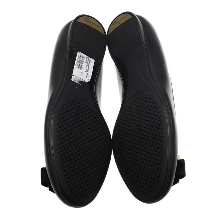 Pre Owned Salvatore Ferragamo Black Leather Ninna Kangaroo Bow Ballet Flats Size 40.5