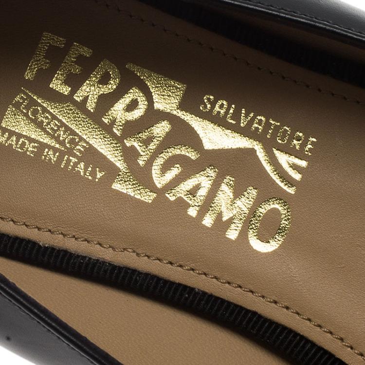 Pre Owned Salvatore Ferragamo Black Leather Ninna Kangaroo Bow Ballet Flats Size 40.5
