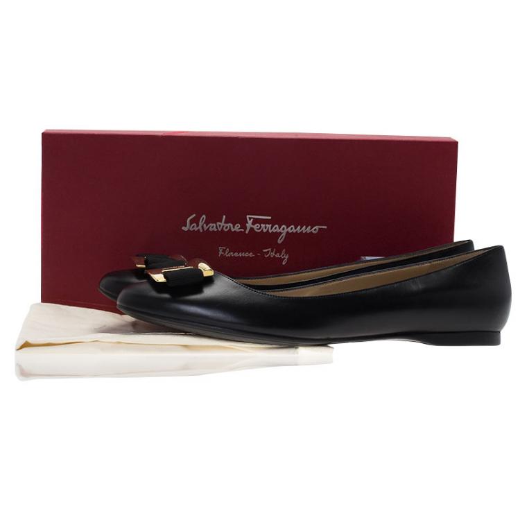 Pre Owned Salvatore Ferragamo Black Leather Ninna Kangaroo Bow Ballet Flats Size 40.5