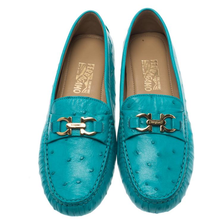 Pre Owned Salvatore Ferragamo Turquoise Ostrich Leather Saba Loafers Size 41.5