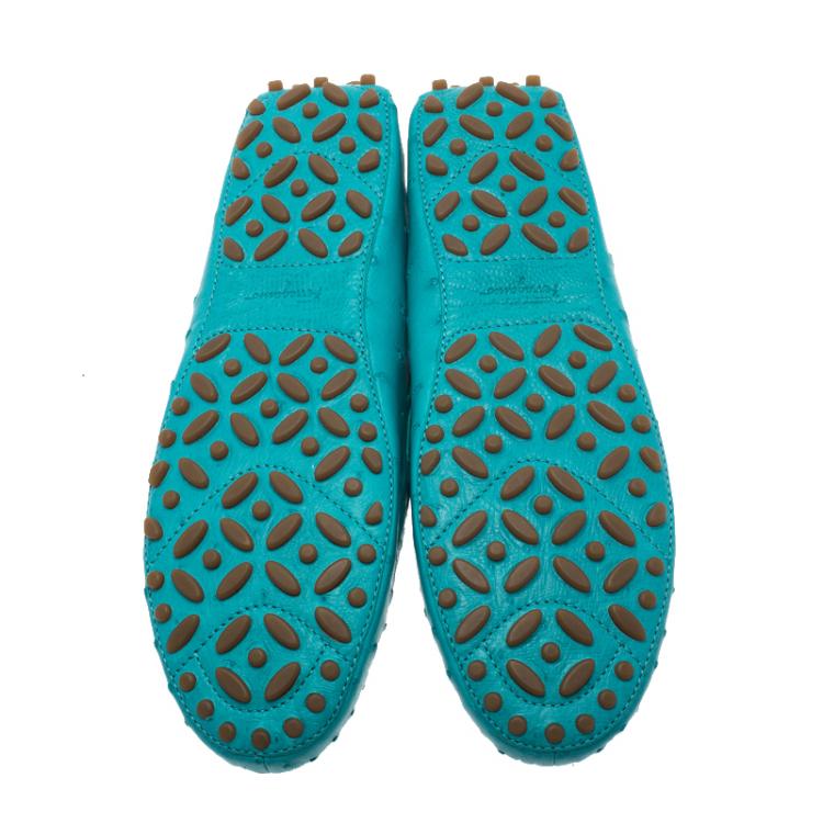 Pre Owned Salvatore Ferragamo Turquoise Ostrich Leather Saba Loafers Size 41.5