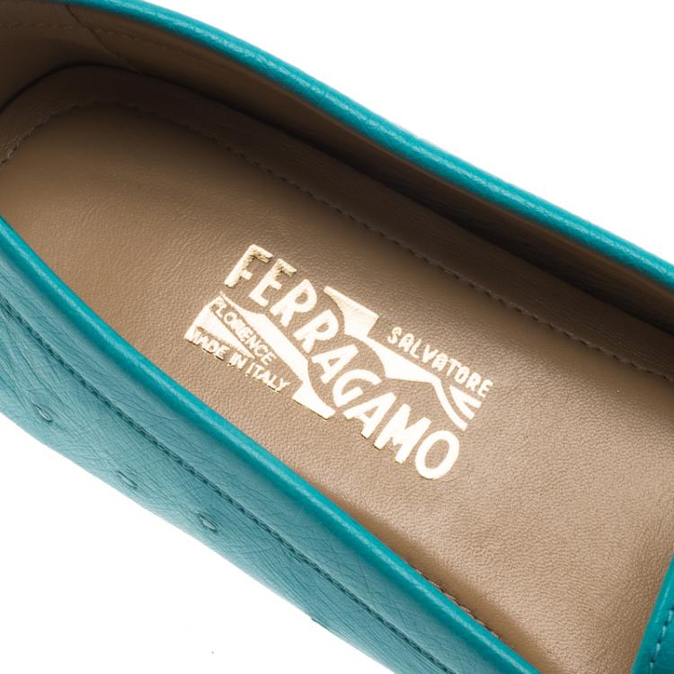 Pre Owned Salvatore Ferragamo Turquoise Ostrich Leather Saba Loafers Size 41.5