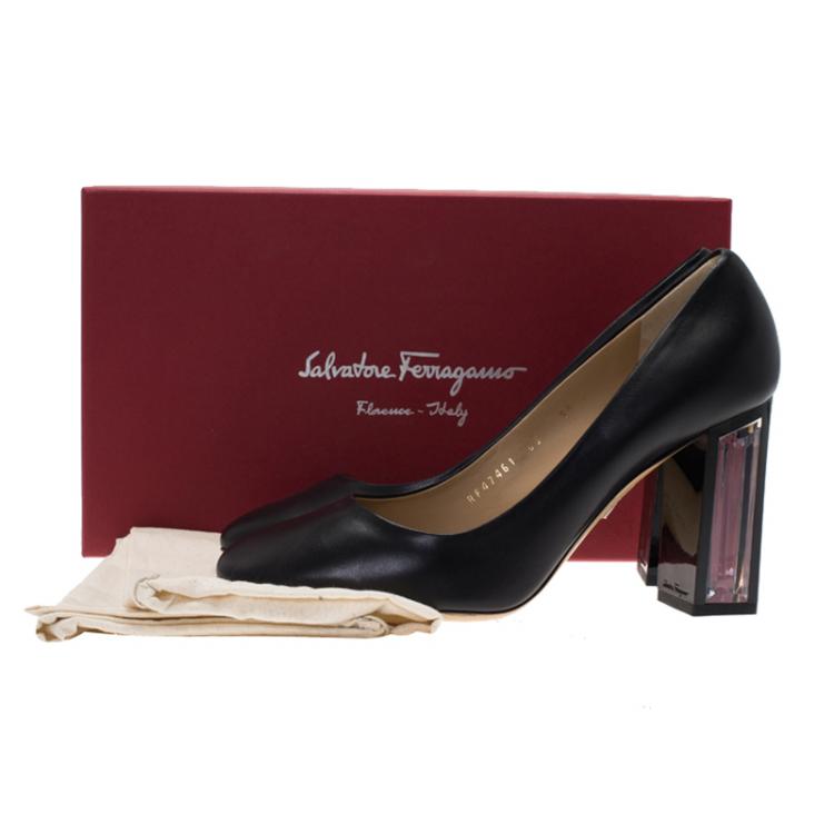 Pre Owned Salvatore Ferragamo Black Leather Ninfea Lucite Block Heel Pumps Size 40