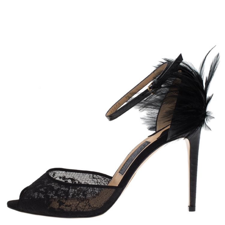 Pre Owned Salvatore Ferragamo Black Meshs and Leather Feather Detail Narleen Ankle Strap Sandals Size 40