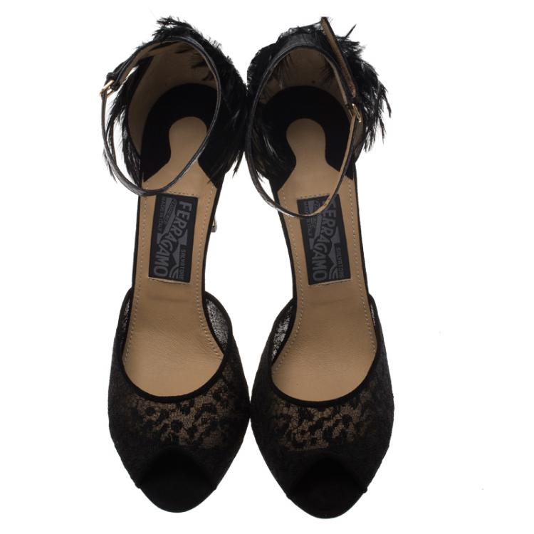 Pre Owned Salvatore Ferragamo Black Meshs and Leather Feather Detail Narleen Ankle Strap Sandals Size 40