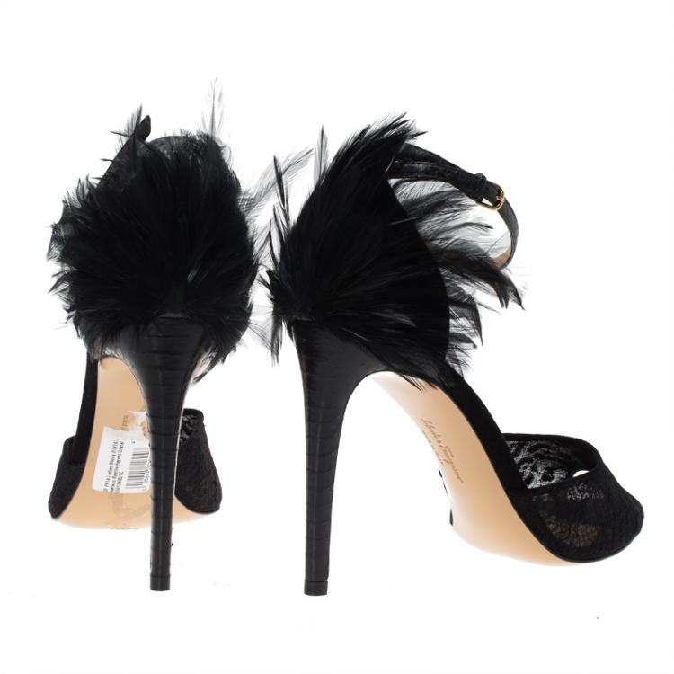 Pre Owned Salvatore Ferragamo Black Meshs and Leather Feather Detail Narleen Ankle Strap Sandals Size 40