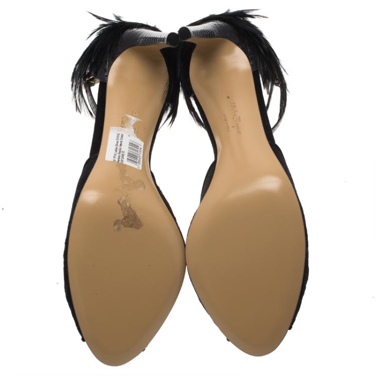 Pre Owned Salvatore Ferragamo Black Meshs and Leather Feather Detail Narleen Ankle Strap Sandals Size 40