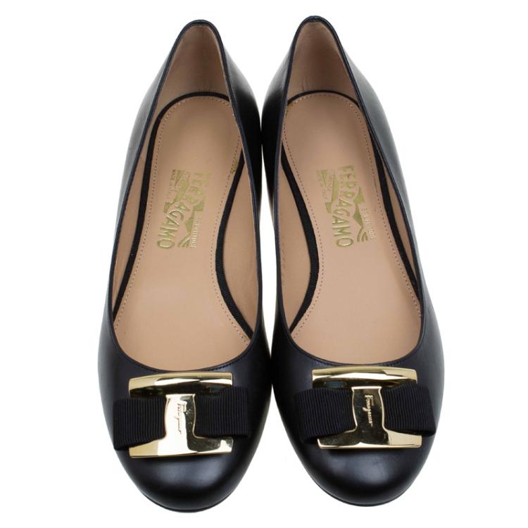 Pre Owned Salvatore Ferragamo Black Leather Ninna Kangaroo Bow Ballet Flats Size 39.5