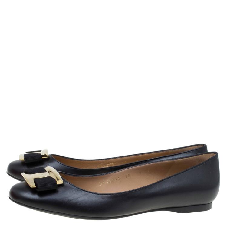 Pre Owned Salvatore Ferragamo Black Leather Ninna Kangaroo Bow Ballet Flats Size 39.5