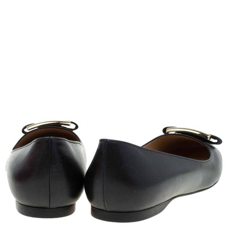 Pre Owned Salvatore Ferragamo Black Leather Ninna Kangaroo Bow Ballet Flats Size 39.5