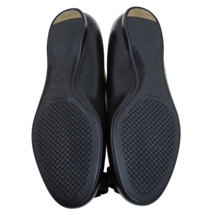 Pre Owned Salvatore Ferragamo Black Leather Ninna Kangaroo Bow Ballet Flats Size 39.5