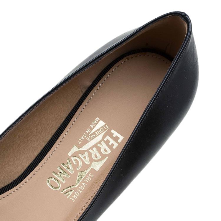 Pre Owned Salvatore Ferragamo Black Leather Ninna Kangaroo Bow Ballet Flats Size 39.5
