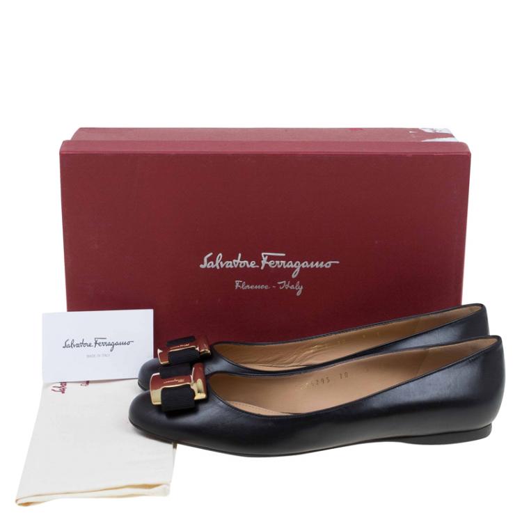 Pre Owned Salvatore Ferragamo Black Leather Ninna Kangaroo Bow Ballet Flats Size 39.5