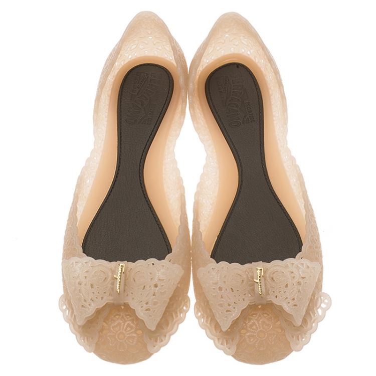 Pre Owned Salvatore Ferragamo Cream Nilly Jelly Bow Ballet Flats Size 40.5
