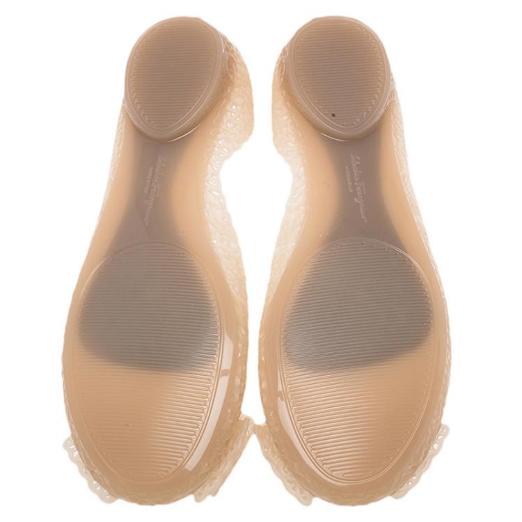 Pre Owned Salvatore Ferragamo Cream Nilly Jelly Bow Ballet Flats Size 40.5