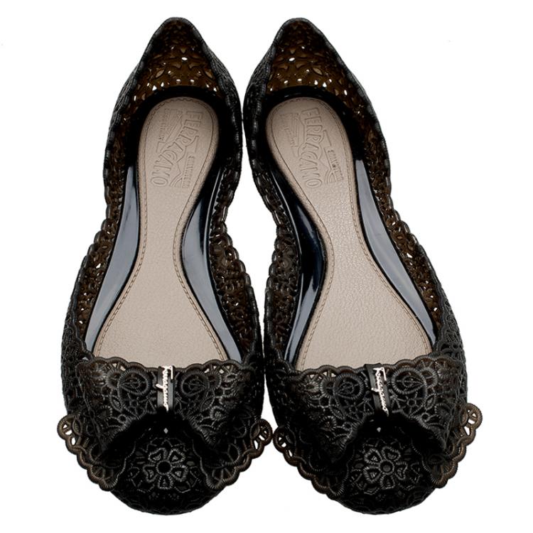 Pre Owned Salvatore Ferragamo Black Nilly Jelly Bow Ballet Flats Size 36.5