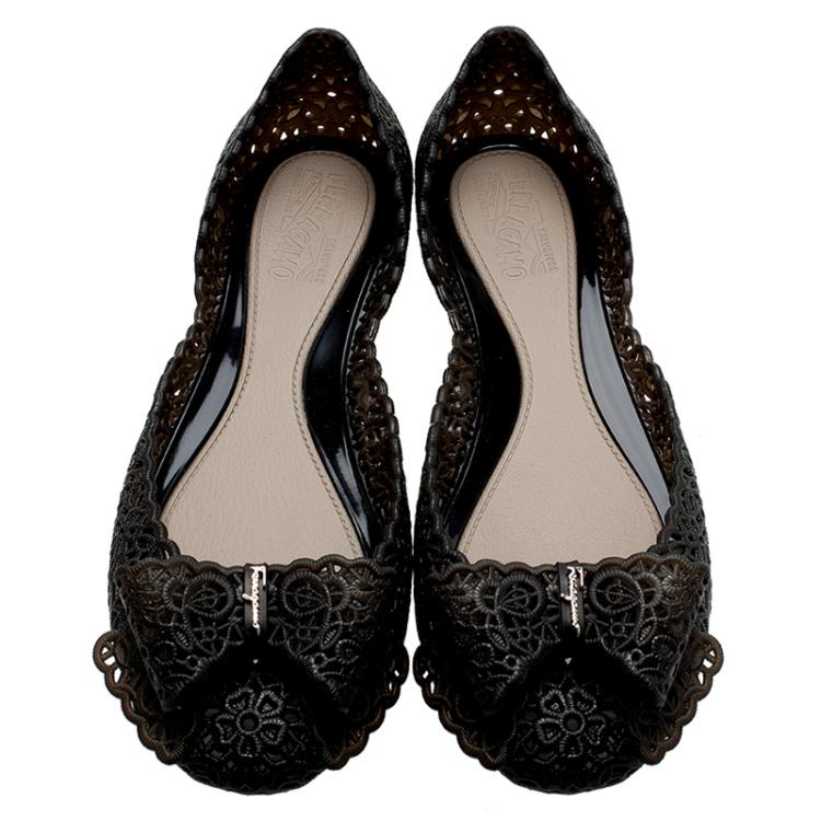 Pre Owned Salvatore Ferragamo Black Cutout Jelly Nilly Bow Ballet Flats Size 40.5