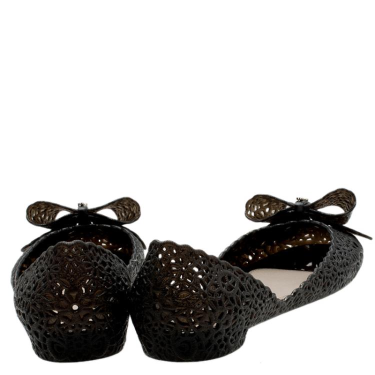 Pre Owned Salvatore Ferragamo Black Cutout Jelly Nilly Bow Ballet Flats Size 40.5