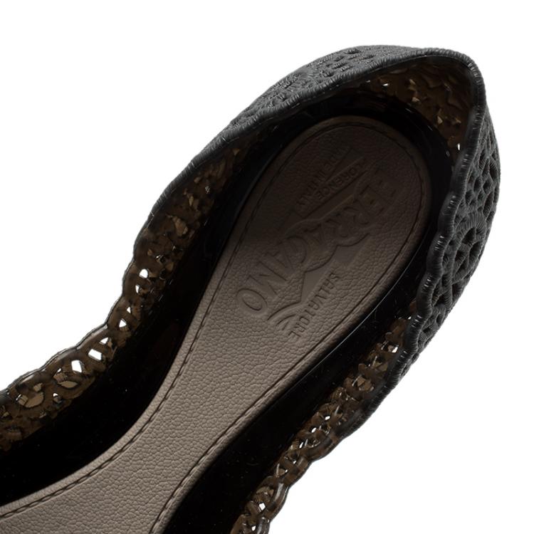 Pre Owned Salvatore Ferragamo Black Cutout Jelly Nilly Bow Ballet Flats Size 40.5