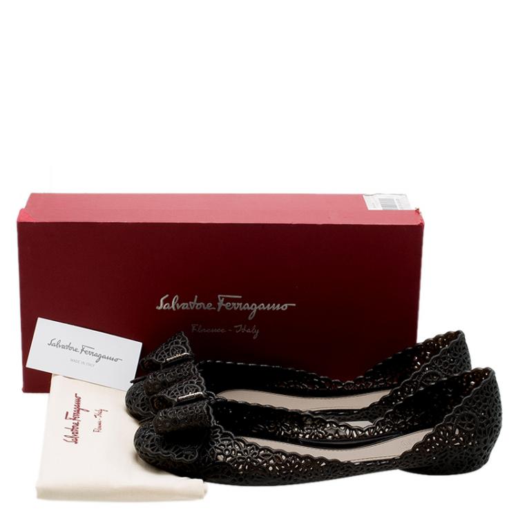 Pre Owned Salvatore Ferragamo Black Cutout Jelly Nilly Bow Ballet Flats Size 40.5