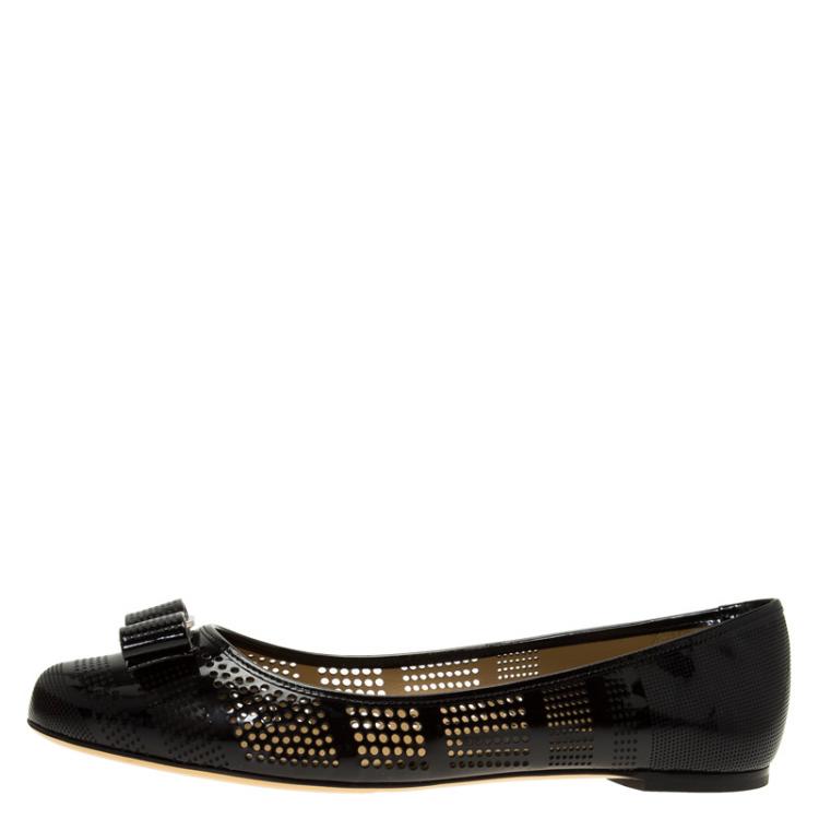 Pre Owned Salvatore Ferragamo Black Patent Perforated Leather Varina Ballet Flats Size 41