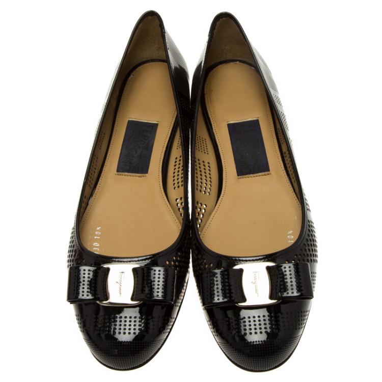 Pre Owned Salvatore Ferragamo Black Patent Perforated Leather Varina Ballet Flats Size 41