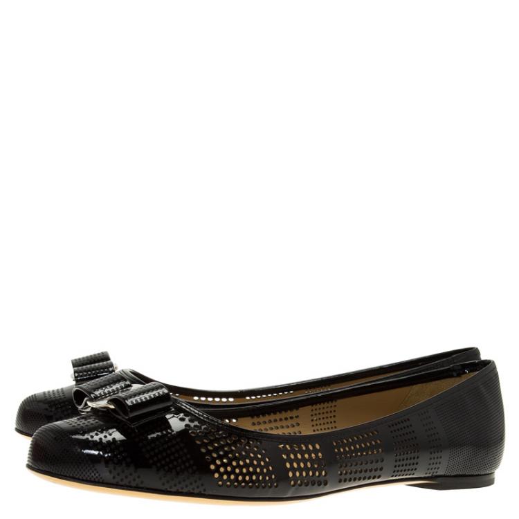 Pre Owned Salvatore Ferragamo Black Patent Perforated Leather Varina Ballet Flats Size 41