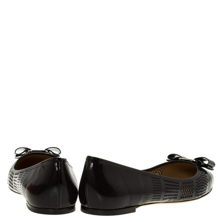 Pre Owned Salvatore Ferragamo Black Patent Perforated Leather Varina Ballet Flats Size 41