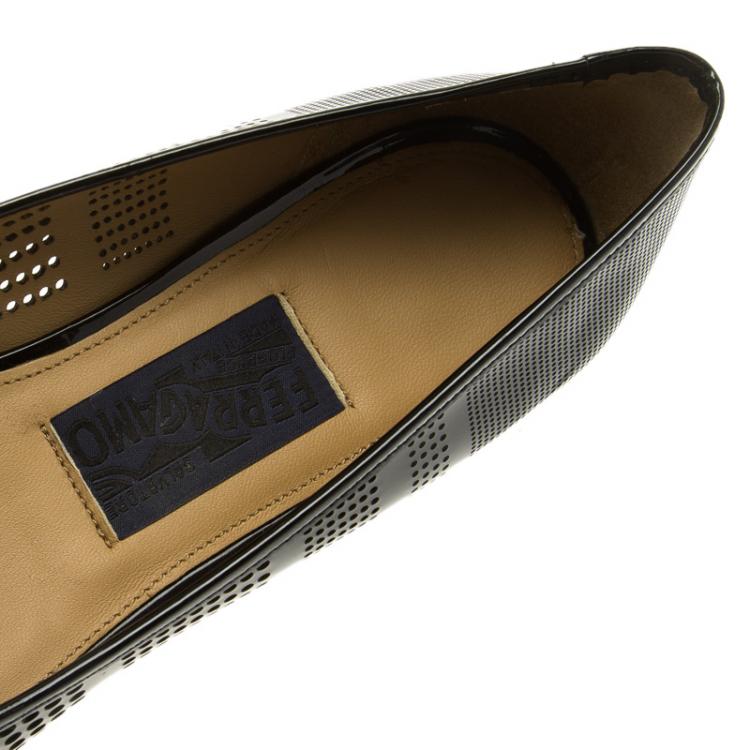 Pre Owned Salvatore Ferragamo Black Patent Perforated Leather Varina Ballet Flats Size 41
