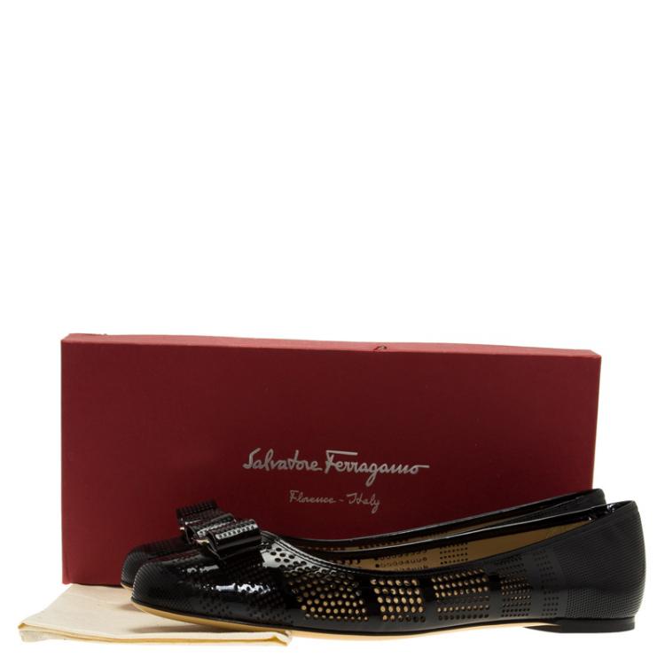 Pre Owned Salvatore Ferragamo Black Patent Perforated Leather Varina Ballet Flats Size 41
