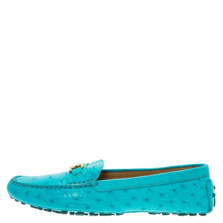 Pre Owned Salvatore Ferragamo Turquoise Ostrich Leather Saba Loafers Size 41.5