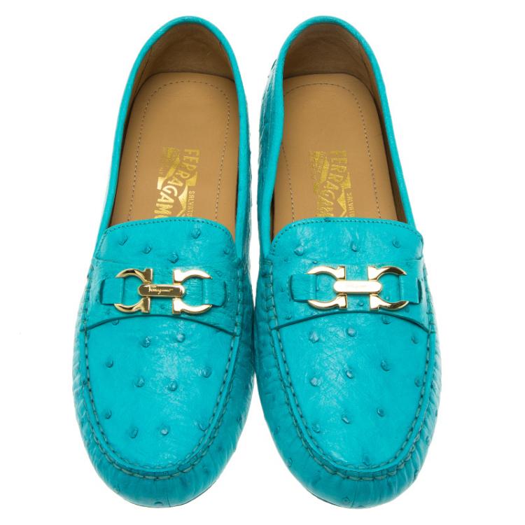 Pre Owned Salvatore Ferragamo Turquoise Ostrich Leather Saba Loafers Size 41.5