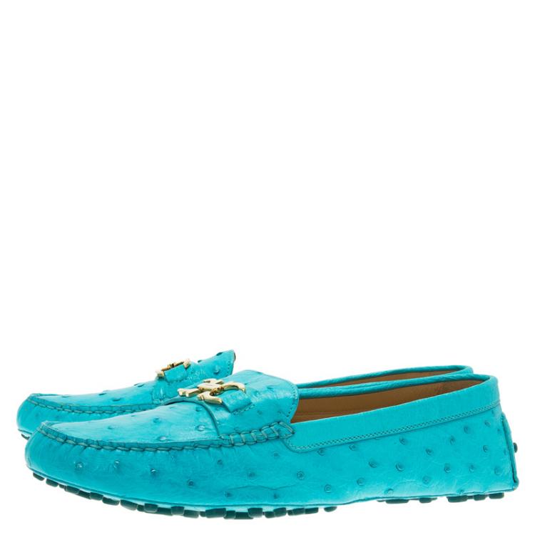 Pre Owned Salvatore Ferragamo Turquoise Ostrich Leather Saba Loafers Size 41.5