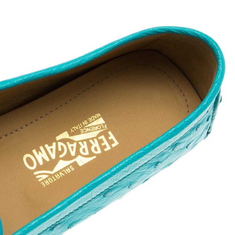 Pre Owned Salvatore Ferragamo Turquoise Ostrich Leather Saba Loafers Size 41.5