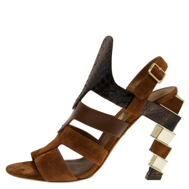 Pre Owned Salvatore Ferragamo Tricolor Suede and Python Laos Strappy Sandals Size 39.5
