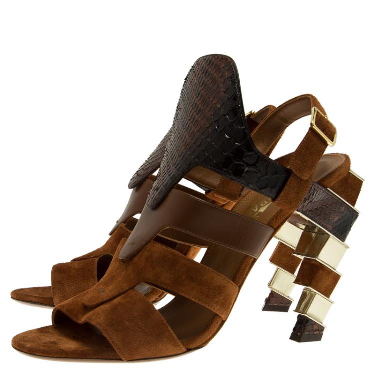 Pre Owned Salvatore Ferragamo Tricolor Suede and Python Laos Strappy Sandals Size 39.5