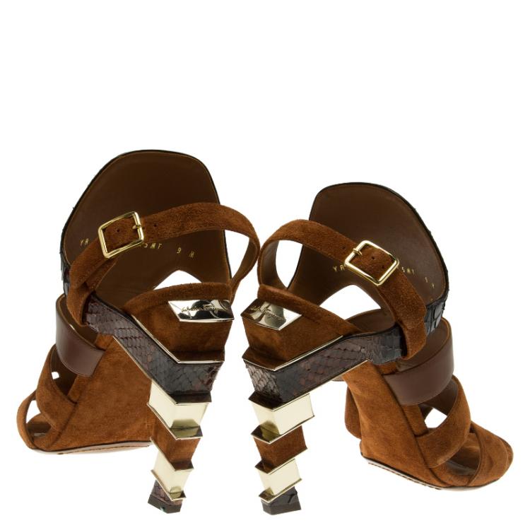 Pre Owned Salvatore Ferragamo Tricolor Suede and Python Laos Strappy Sandals Size 39.5