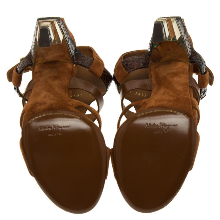Pre Owned Salvatore Ferragamo Tricolor Suede and Python Laos Strappy Sandals Size 39.5