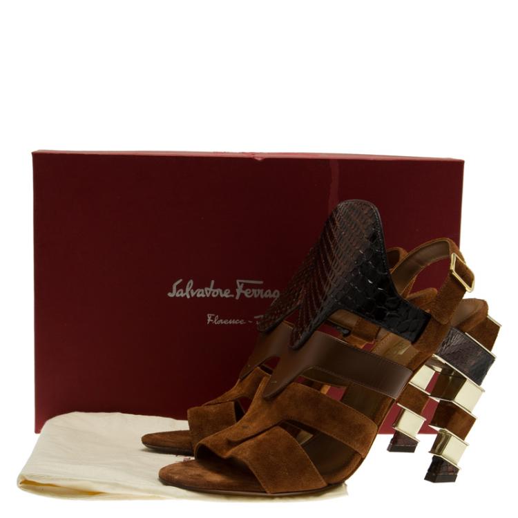Pre Owned Salvatore Ferragamo Tricolor Suede and Python Laos Strappy Sandals Size 39.5