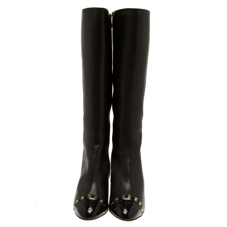 Pre Owned Salvatore Ferragamo Brown Leather Cap Toe Nanni Knee Boots Size 38.5
