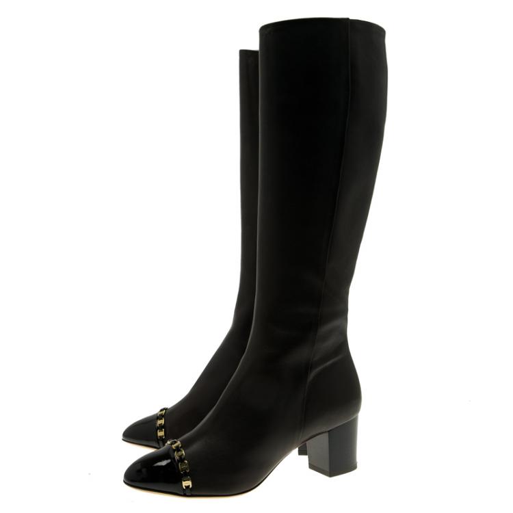 Pre Owned Salvatore Ferragamo Brown Leather Cap Toe Nanni Knee Boots Size 38.5
