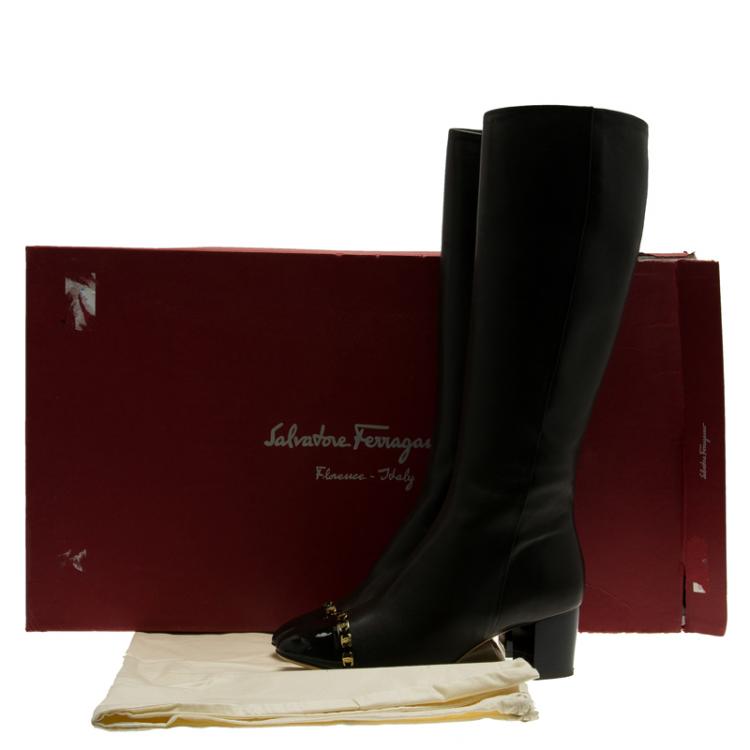 Pre Owned Salvatore Ferragamo Brown Leather Cap Toe Nanni Knee Boots Size 38.5