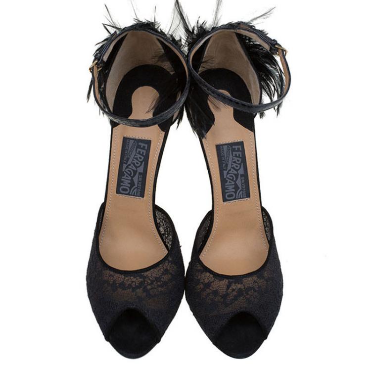 Pre Owned Salvatore Ferragamo Black Lace and Feather Narleen Ankle Strap Sandals Size 40