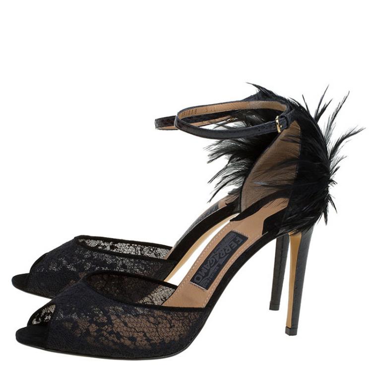 Pre Owned Salvatore Ferragamo Black Lace and Feather Narleen Ankle Strap Sandals Size 40