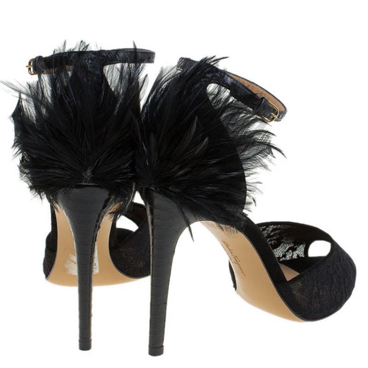 Pre Owned Salvatore Ferragamo Black Lace and Feather Narleen Ankle Strap Sandals Size 40