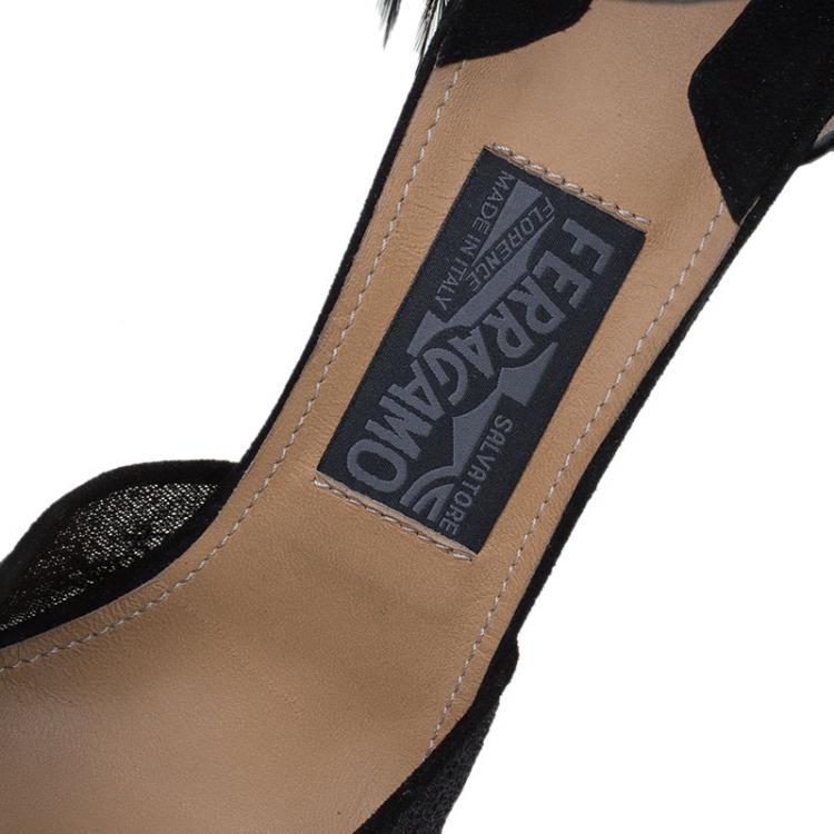 Pre Owned Salvatore Ferragamo Black Lace and Feather Narleen Ankle Strap Sandals Size 40