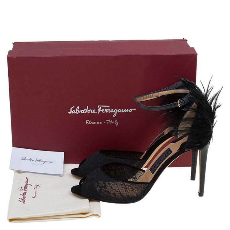 Pre Owned Salvatore Ferragamo Black Lace and Feather Narleen Ankle Strap Sandals Size 40