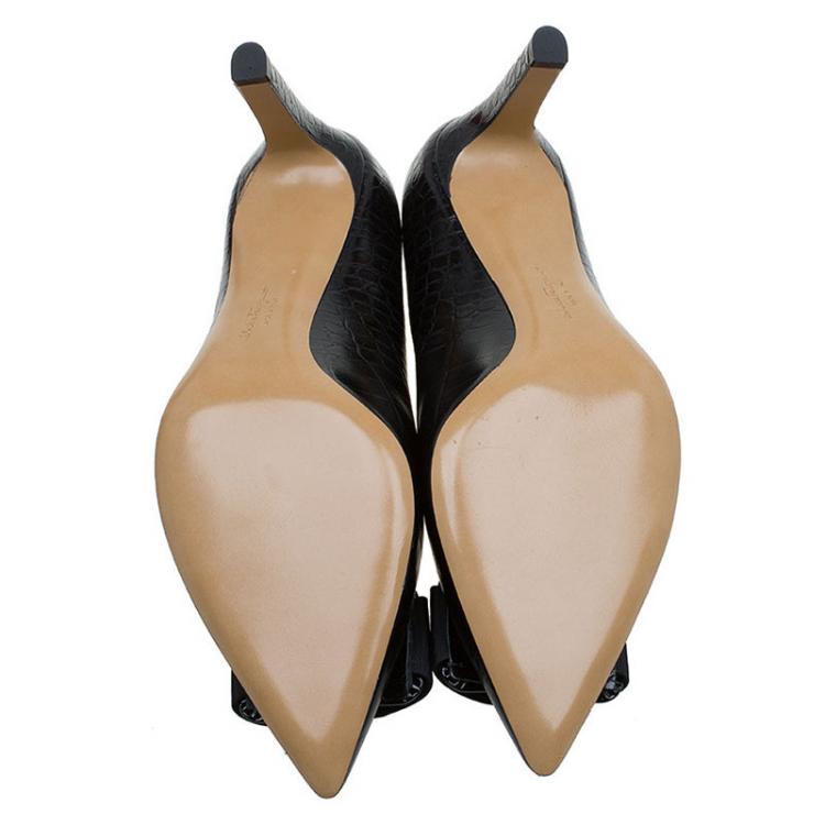 Pre Owned Salvatore Ferragamo Black Croc Embossed Leather Mimi Bow Pumps Size 40.5